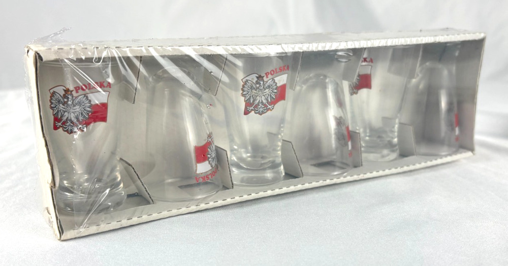 POLSKA Poland Shot Glass Set Lot of 6 White Eagle Flag Souvenir Gift Boxed